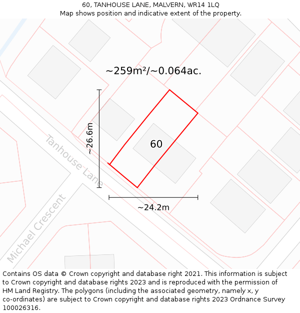 60, TANHOUSE LANE, MALVERN, WR14 1LQ: Plot and title map