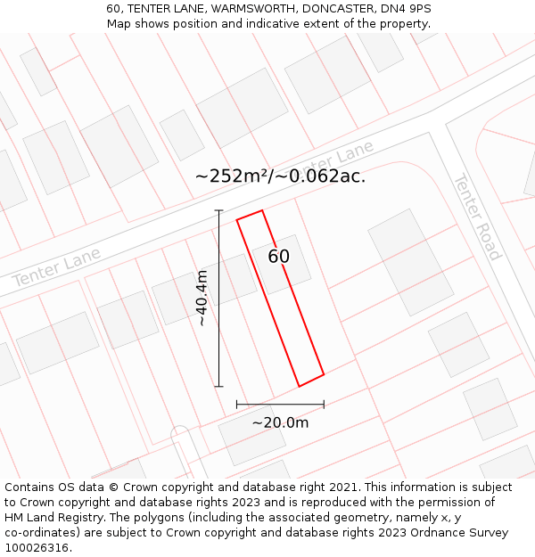 60, TENTER LANE, WARMSWORTH, DONCASTER, DN4 9PS: Plot and title map
