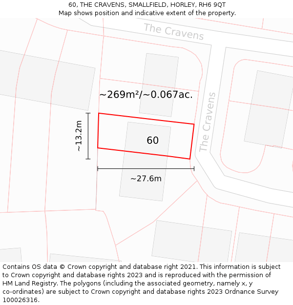 60, THE CRAVENS, SMALLFIELD, HORLEY, RH6 9QT: Plot and title map