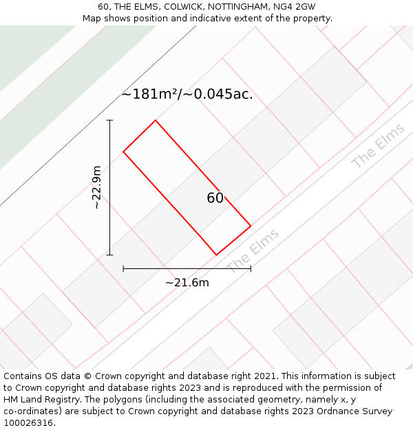 60, THE ELMS, COLWICK, NOTTINGHAM, NG4 2GW: Plot and title map
