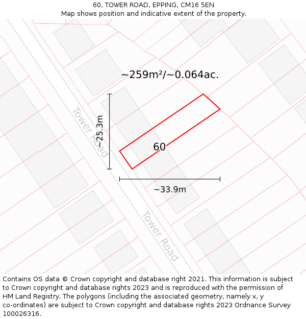 60, TOWER ROAD, EPPING, CM16 5EN: Plot and title map