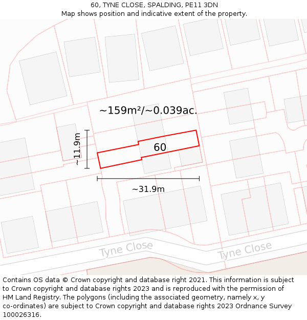 60, TYNE CLOSE, SPALDING, PE11 3DN: Plot and title map