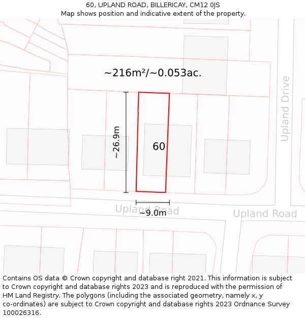 60, UPLAND ROAD, BILLERICAY, CM12 0JS: Plot and title map
