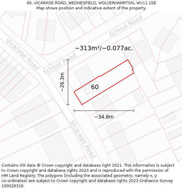 60, VICARAGE ROAD, WEDNESFIELD, WOLVERHAMPTON, WV11 1SE: Plot and title map