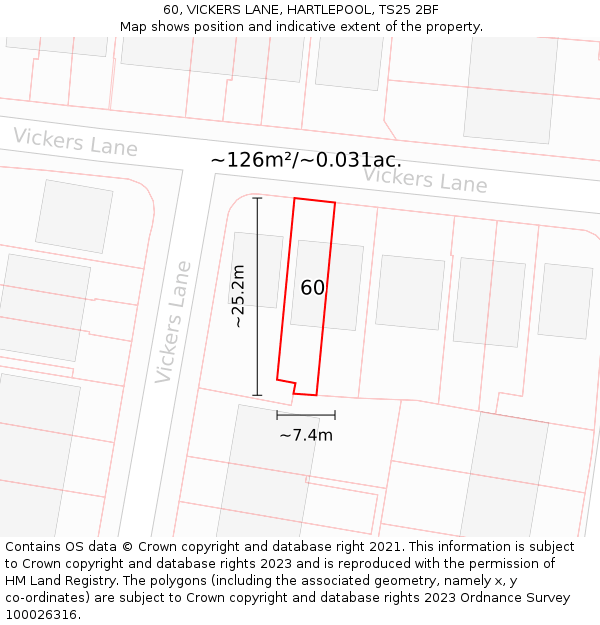 60, VICKERS LANE, HARTLEPOOL, TS25 2BF: Plot and title map