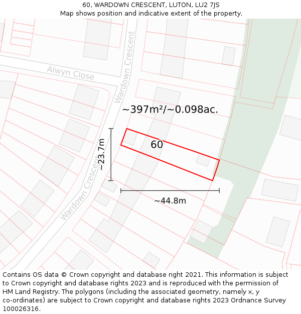 60, WARDOWN CRESCENT, LUTON, LU2 7JS: Plot and title map