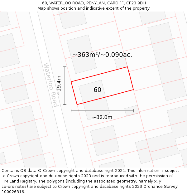 60, WATERLOO ROAD, PENYLAN, CARDIFF, CF23 9BH: Plot and title map