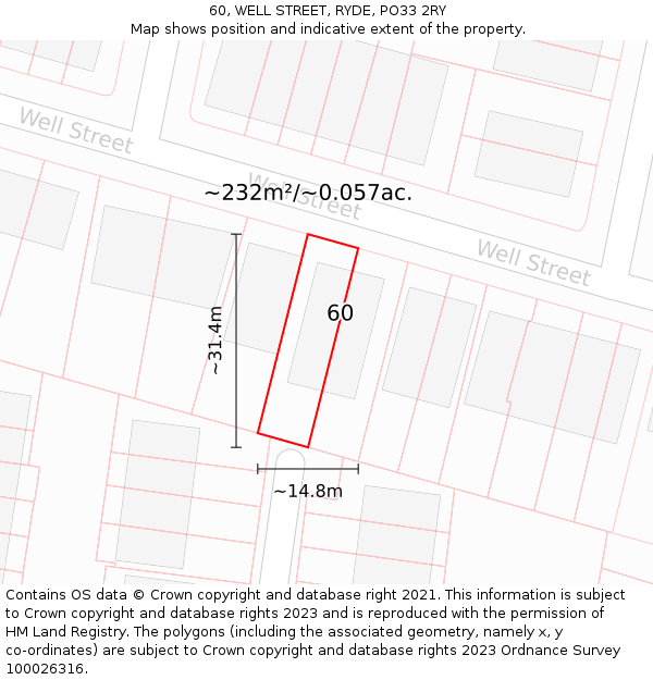 60, WELL STREET, RYDE, PO33 2RY: Plot and title map