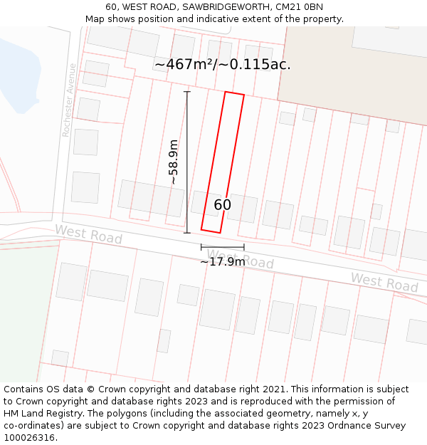 60, WEST ROAD, SAWBRIDGEWORTH, CM21 0BN: Plot and title map