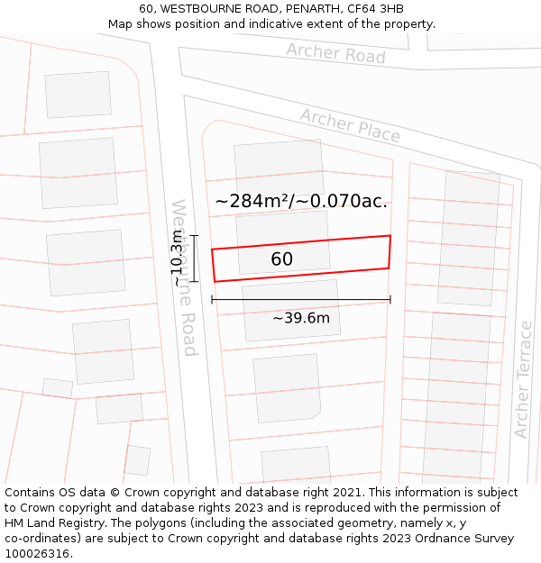 60, WESTBOURNE ROAD, PENARTH, CF64 3HB: Plot and title map