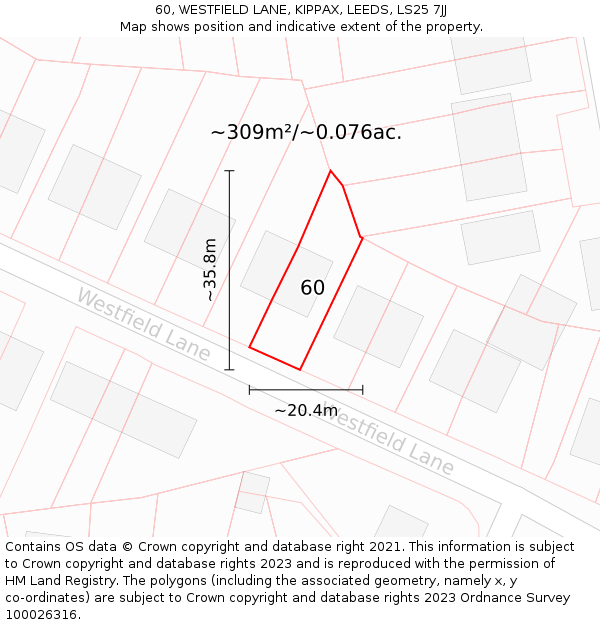 60, WESTFIELD LANE, KIPPAX, LEEDS, LS25 7JJ: Plot and title map