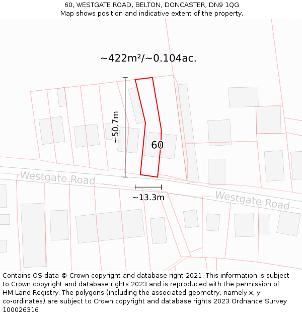 60, WESTGATE ROAD, BELTON, DONCASTER, DN9 1QG: Plot and title map