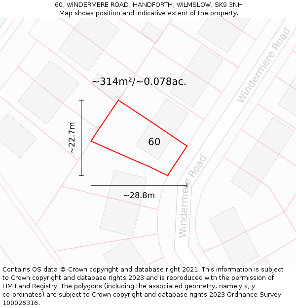 60, WINDERMERE ROAD, HANDFORTH, WILMSLOW, SK9 3NH: Plot and title map