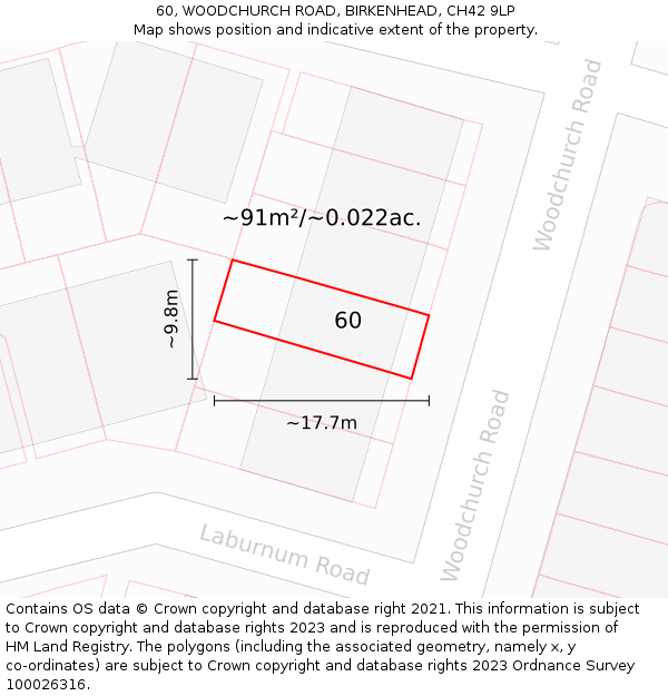 60, WOODCHURCH ROAD, BIRKENHEAD, CH42 9LP: Plot and title map