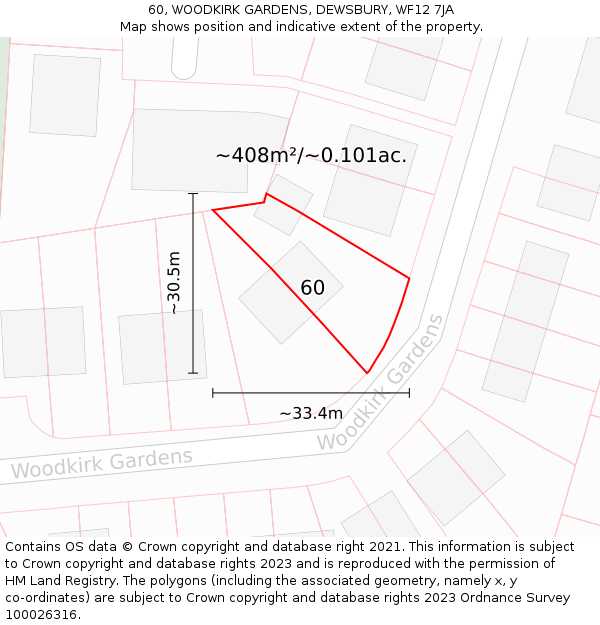 60, WOODKIRK GARDENS, DEWSBURY, WF12 7JA: Plot and title map