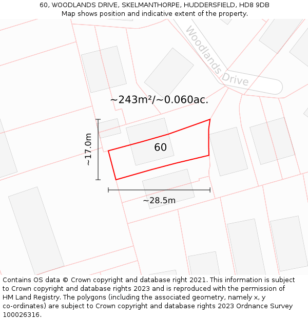 60, WOODLANDS DRIVE, SKELMANTHORPE, HUDDERSFIELD, HD8 9DB: Plot and title map