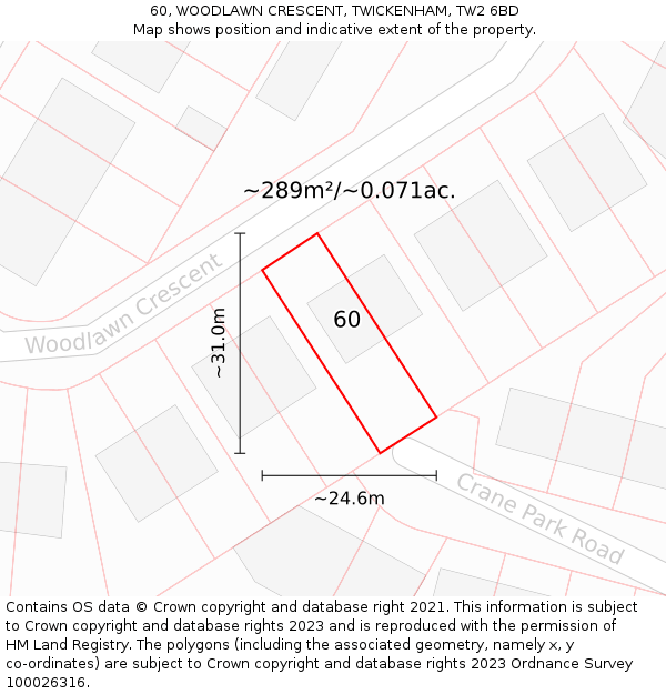 60, WOODLAWN CRESCENT, TWICKENHAM, TW2 6BD: Plot and title map
