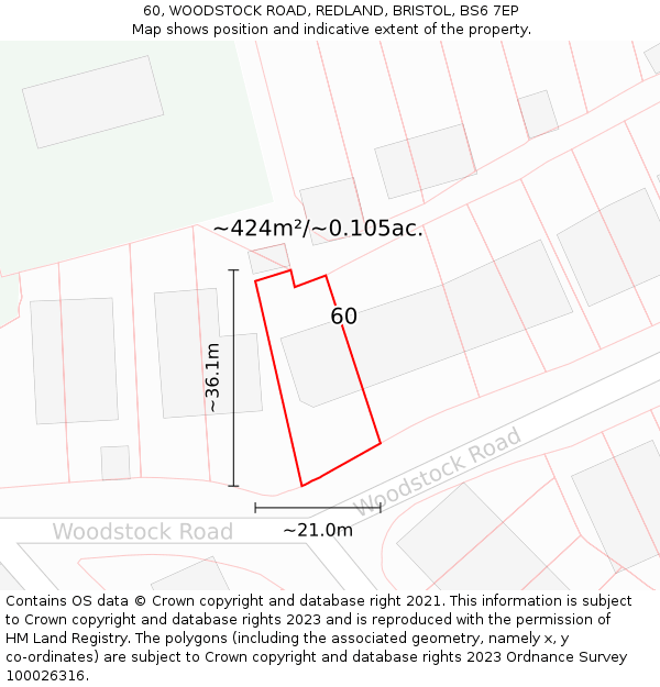 60, WOODSTOCK ROAD, REDLAND, BRISTOL, BS6 7EP: Plot and title map