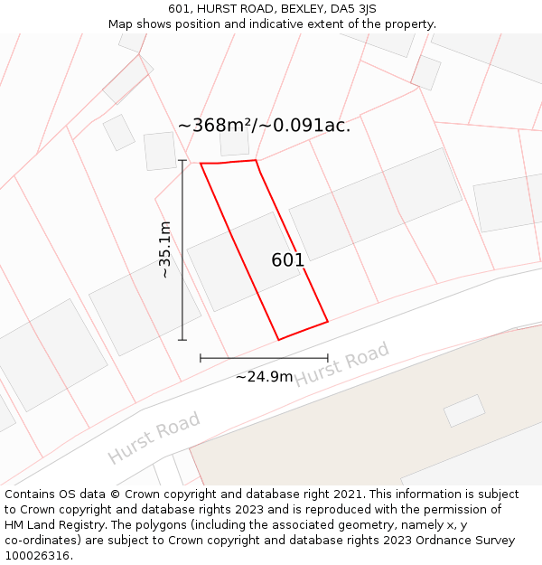 601, HURST ROAD, BEXLEY, DA5 3JS: Plot and title map