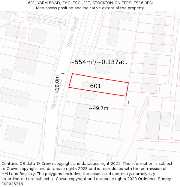 601, YARM ROAD, EAGLESCLIFFE, STOCKTON-ON-TEES, TS16 9BN: Plot and title map