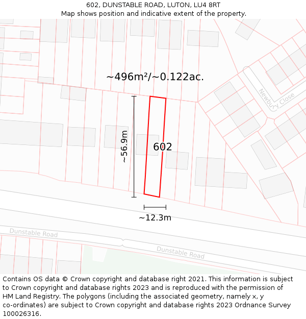 602, DUNSTABLE ROAD, LUTON, LU4 8RT: Plot and title map