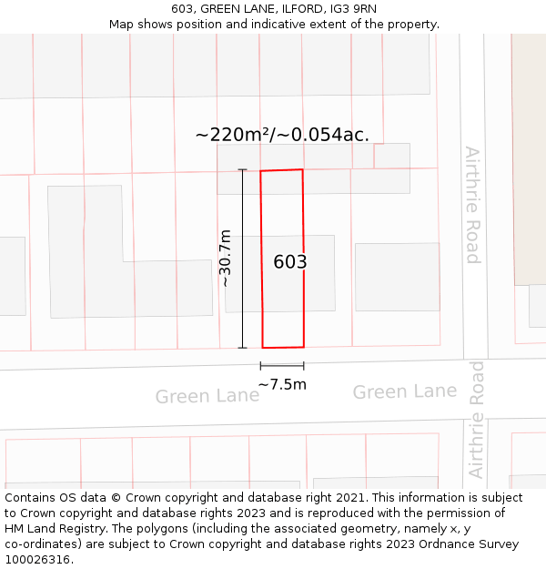603, GREEN LANE, ILFORD, IG3 9RN: Plot and title map