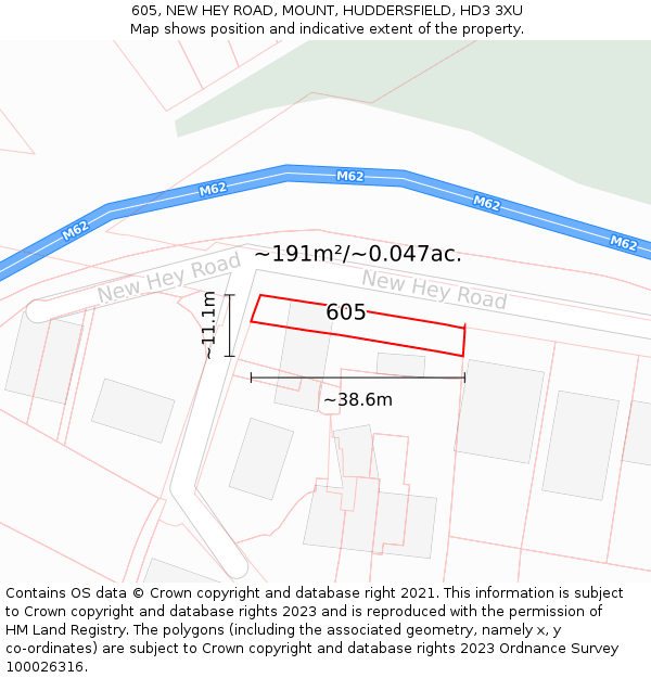 605, NEW HEY ROAD, MOUNT, HUDDERSFIELD, HD3 3XU: Plot and title map