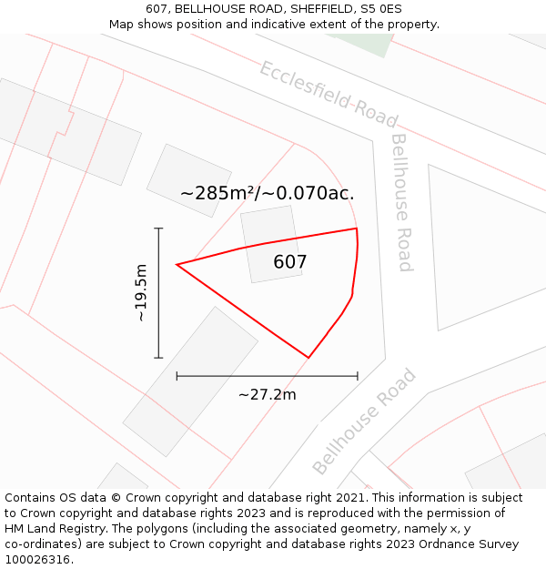 607, BELLHOUSE ROAD, SHEFFIELD, S5 0ES: Plot and title map
