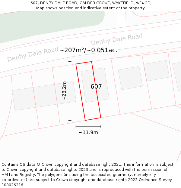 607, DENBY DALE ROAD, CALDER GROVE, WAKEFIELD, WF4 3DJ: Plot and title map