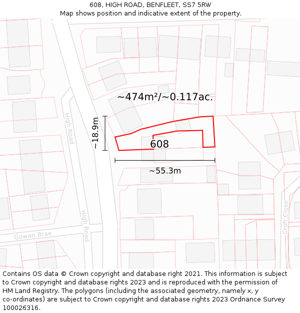 608, HIGH ROAD, BENFLEET, SS7 5RW: Plot and title map