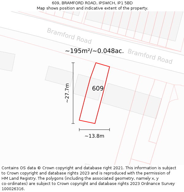 609, BRAMFORD ROAD, IPSWICH, IP1 5BD: Plot and title map