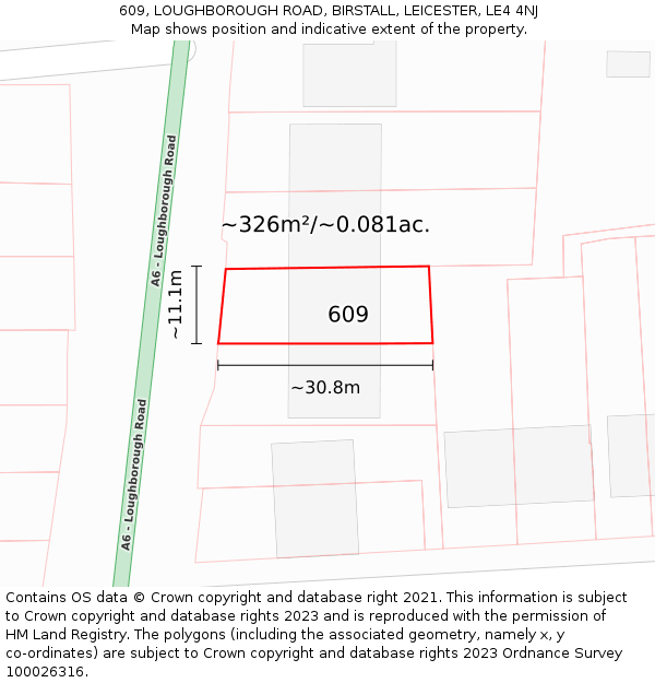 609, LOUGHBOROUGH ROAD, BIRSTALL, LEICESTER, LE4 4NJ: Plot and title map