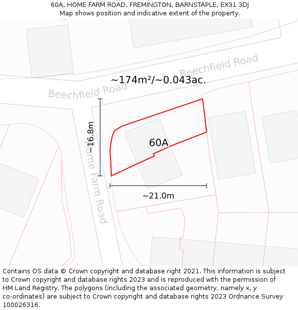60A, HOME FARM ROAD, FREMINGTON, BARNSTAPLE, EX31 3DJ: Plot and title map