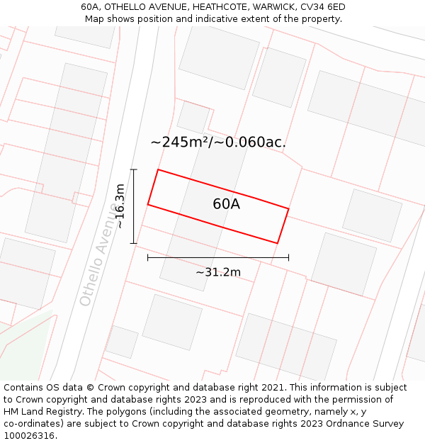 60A, OTHELLO AVENUE, HEATHCOTE, WARWICK, CV34 6ED: Plot and title map