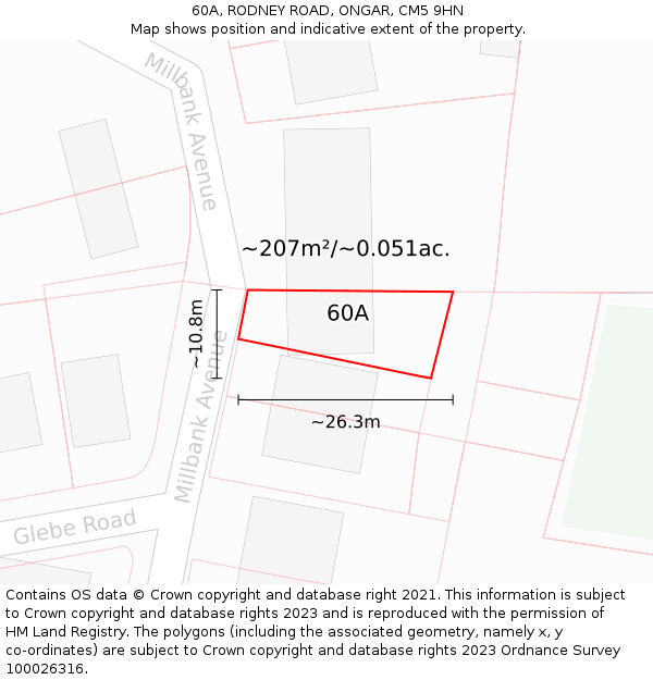 60A, RODNEY ROAD, ONGAR, CM5 9HN: Plot and title map