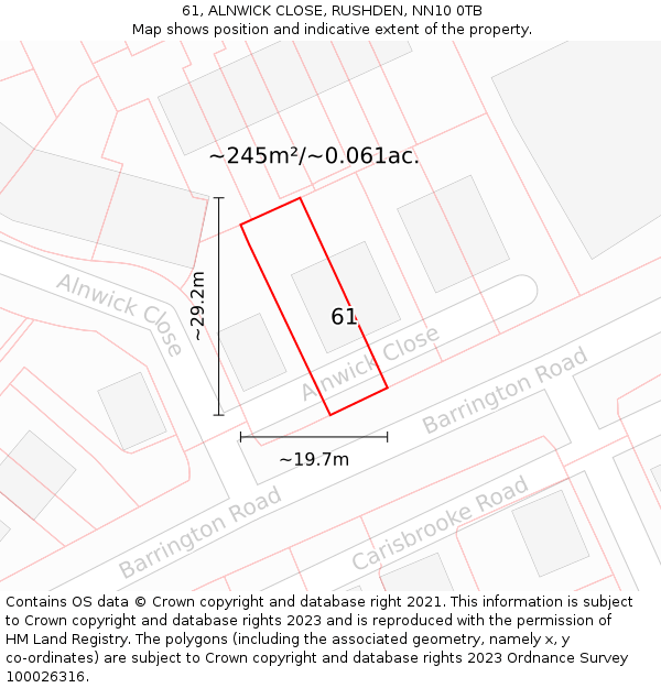 61, ALNWICK CLOSE, RUSHDEN, NN10 0TB: Plot and title map