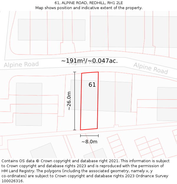 61, ALPINE ROAD, REDHILL, RH1 2LE: Plot and title map
