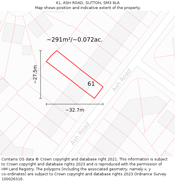 61, ASH ROAD, SUTTON, SM3 9LA: Plot and title map
