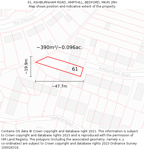 61, ASHBURNHAM ROAD, AMPTHILL, BEDFORD, MK45 2RH: Plot and title map