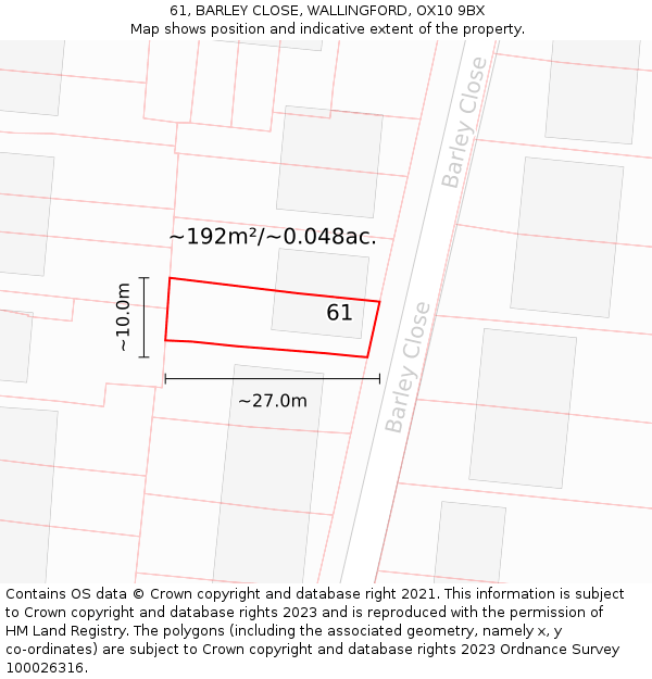 61, BARLEY CLOSE, WALLINGFORD, OX10 9BX: Plot and title map
