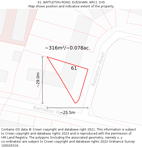 61, BATTLETON ROAD, EVESHAM, WR11 1HS: Plot and title map