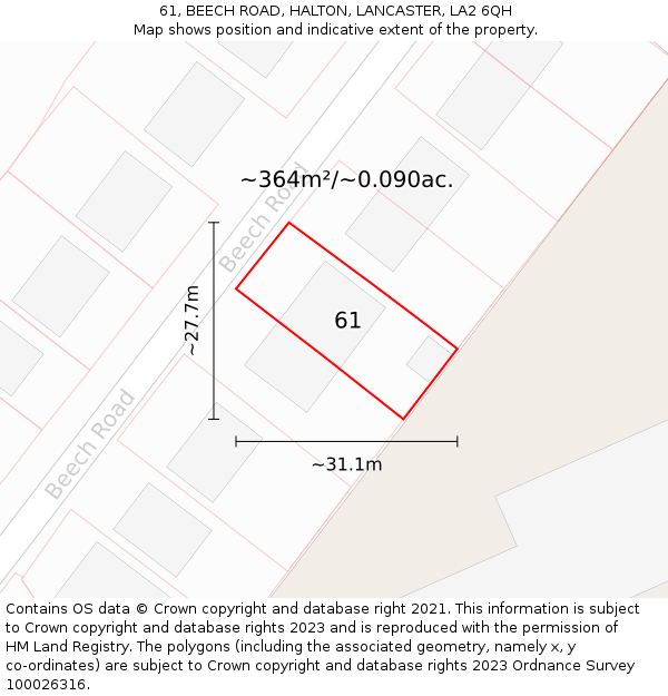 61, BEECH ROAD, HALTON, LANCASTER, LA2 6QH: Plot and title map