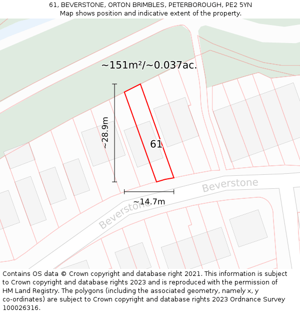 61, BEVERSTONE, ORTON BRIMBLES, PETERBOROUGH, PE2 5YN: Plot and title map