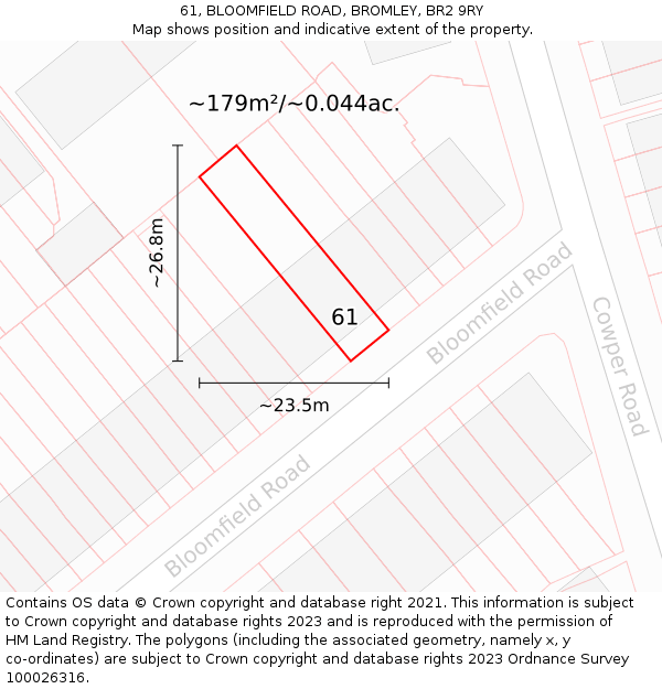61, BLOOMFIELD ROAD, BROMLEY, BR2 9RY: Plot and title map