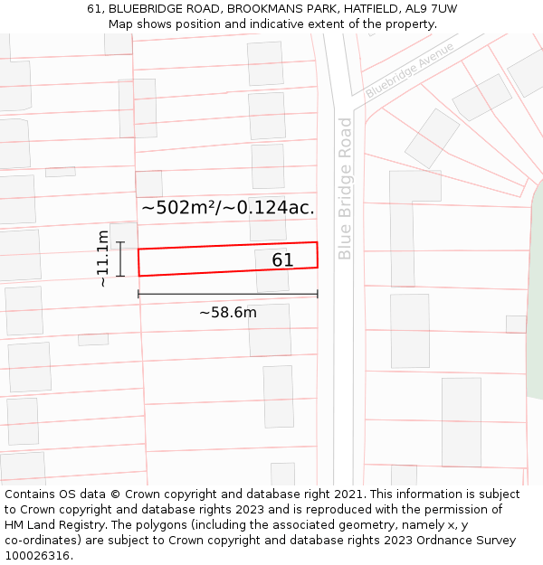 61, BLUEBRIDGE ROAD, BROOKMANS PARK, HATFIELD, AL9 7UW: Plot and title map