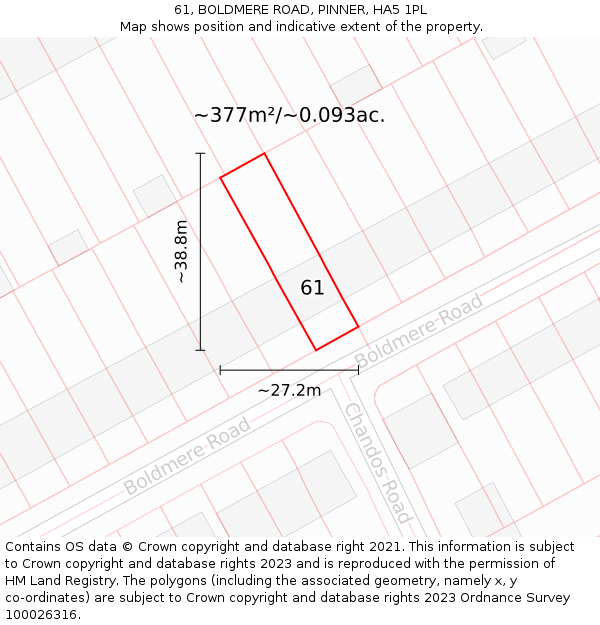 61, BOLDMERE ROAD, PINNER, HA5 1PL: Plot and title map