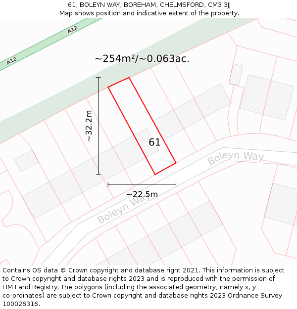 61, BOLEYN WAY, BOREHAM, CHELMSFORD, CM3 3JJ: Plot and title map