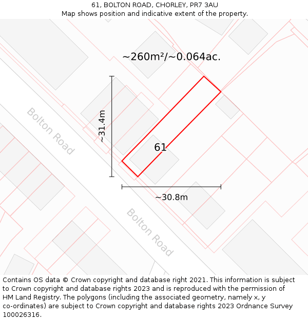 61, BOLTON ROAD, CHORLEY, PR7 3AU: Plot and title map