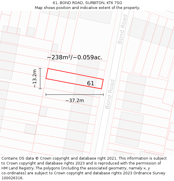 61, BOND ROAD, SURBITON, KT6 7SG: Plot and title map