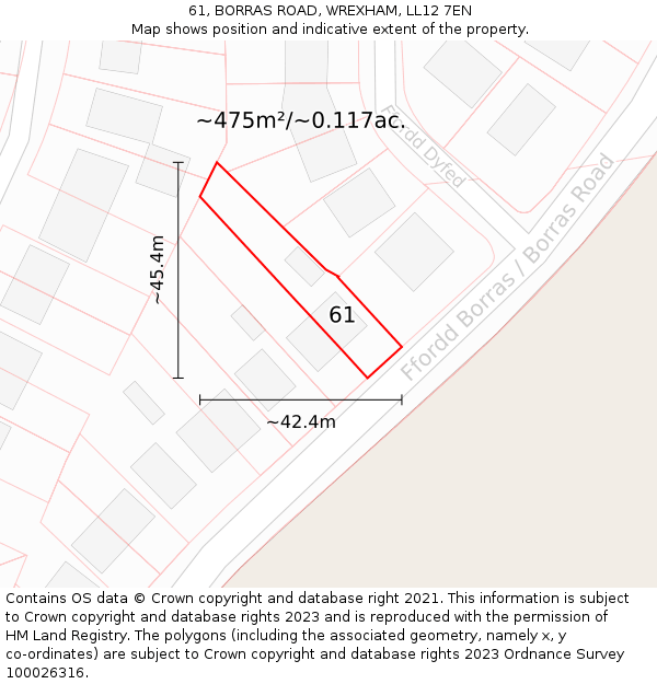 61, BORRAS ROAD, WREXHAM, LL12 7EN: Plot and title map